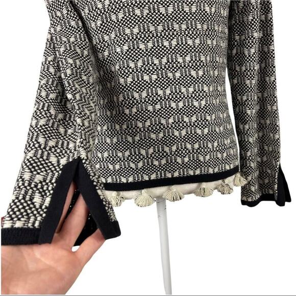 Nanette Lepore Knit Cotton Black White Cardigan with Tassels Fringe Hem Medium - Picture 10 of 13